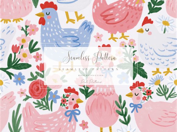Download Whimsical Chickens Seamless Pattern PNG with Flowers - Seamless pattern png Collection