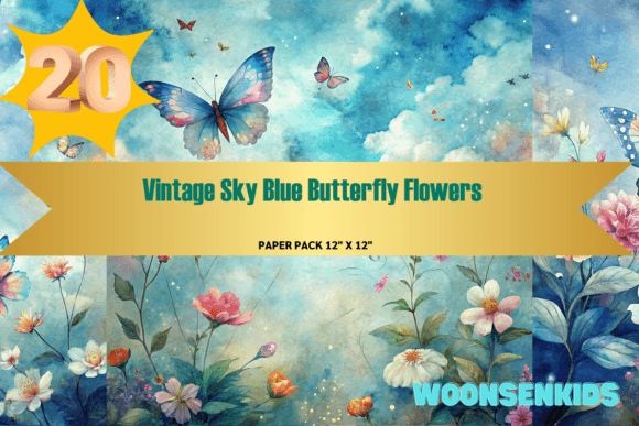 Download Beautiful Vintage Sky Blue Butterfly Flowers Background Watercolor Png Kdp Digital Paper - Digital paper Collection