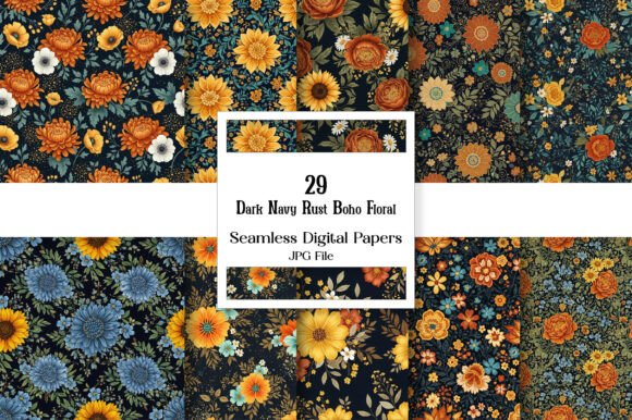 Download Dark Navy Rust Boho Floral Digital Paper - Digital paper Collection