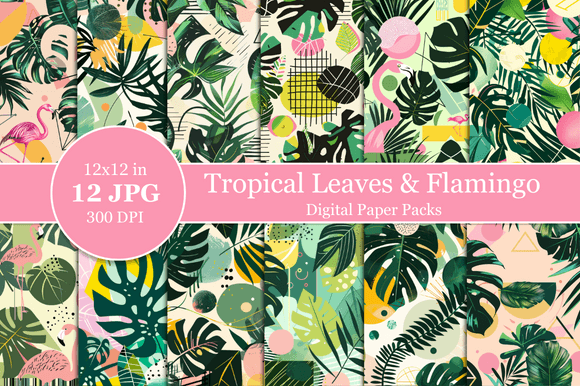 Download Tropical Leaves &amp; Flamingo Digital Paper - Digital paper Collection
