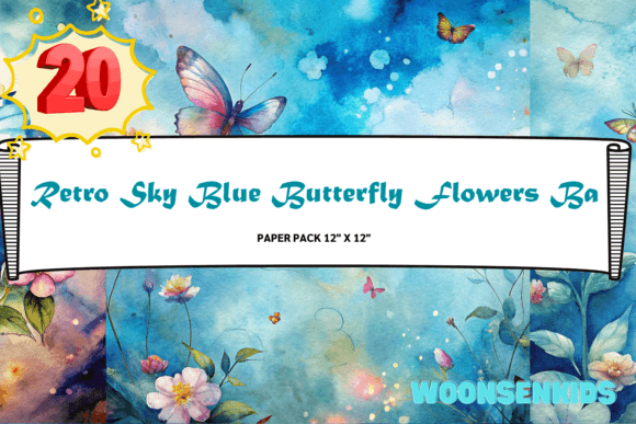 Download 20 Retro Sky Blue Butterfly Flowers Background Watercolor Png Kdp Digital Paper - Digital paper Collection